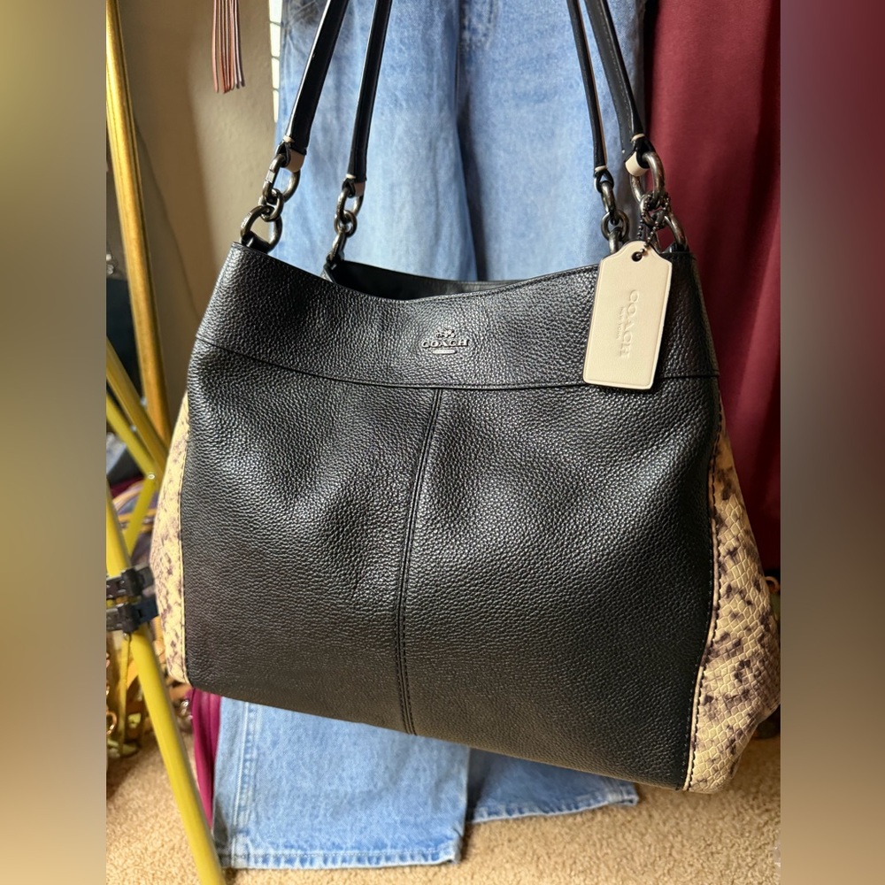 Coach Black Pebbled Leather Snake Trim Tote F57505 Shoulder Bag Python Accent 🖤🐍 - Picture 8 of 17